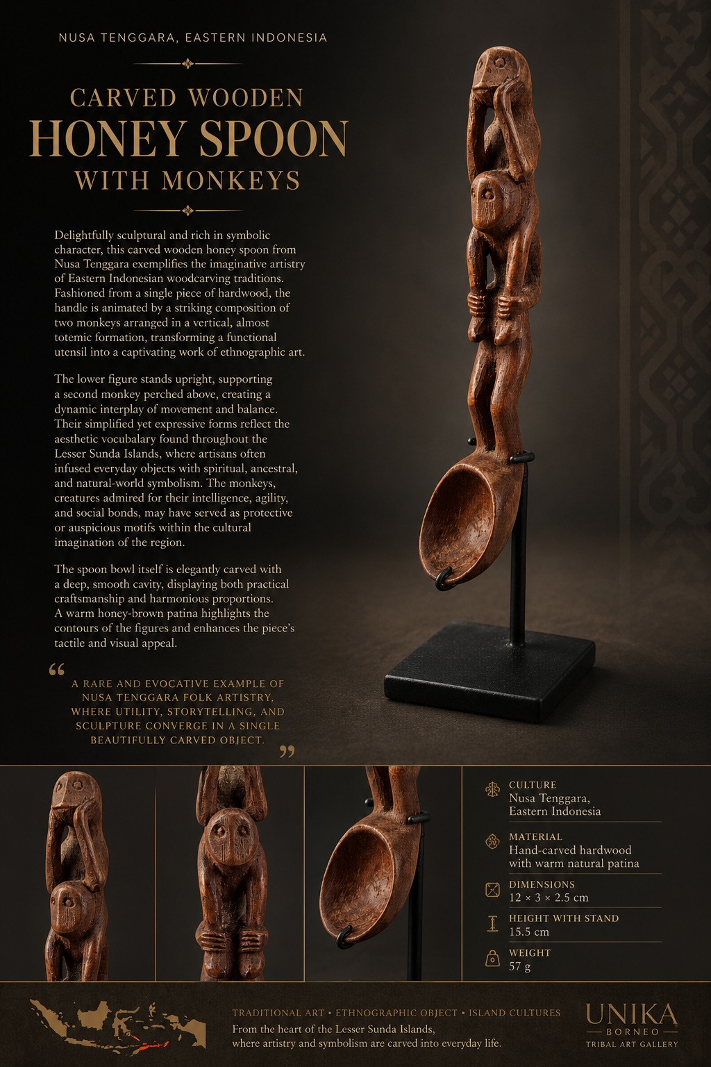 Carved Wooden Honey Spoon with Monkeys from Nusa Tenggara - Image 10