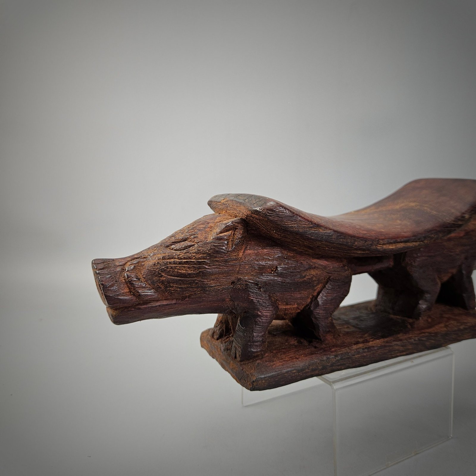 Old Wooden Head Rest From Papua with 2 Pig - Image 3