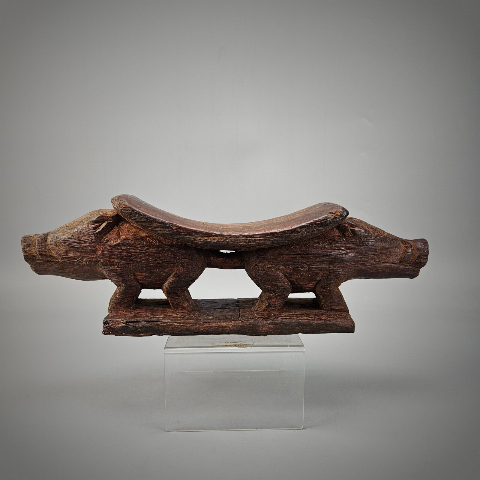 Old Wooden Head Rest From Papua with 2 Pig - Image 6