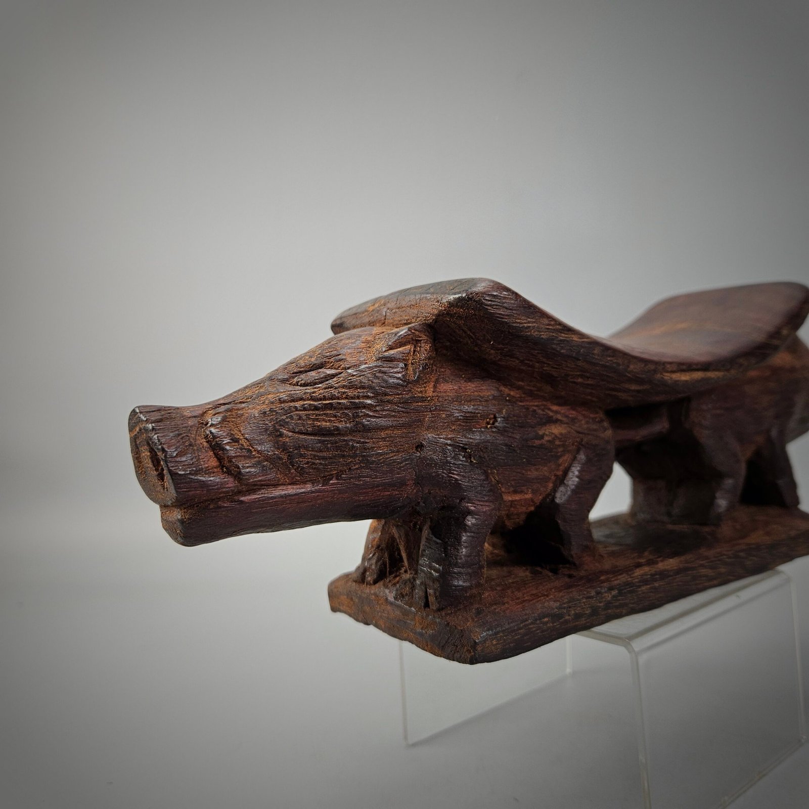 Old Wooden Head Rest From Papua with 2 Pig - Image 13